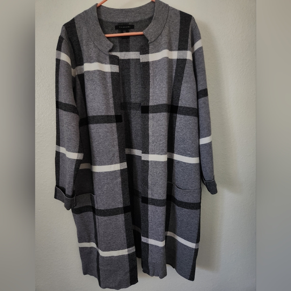 Longline plaid cardigan gray, 1X